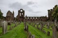 Cemetery, gravestones and red brick ruins of medieval Arbroath Abbey and courtyard in Scotland in cloudy weather