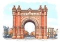 Arc de Triomf, a triumphal arch in the city of Barcelona in Catalonia, Spain, watercolor sketch illustration