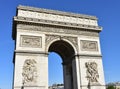 Arc de Triomphe close-up from Champs Elysees with blue sky. Paris, France. Royalty Free Stock Photo