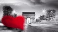 Arc de Triumph against red heart on Champs-Elysees street, Happy Valentine`s Day, Paris in love, France