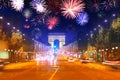 Arc de triumph at Paris and fireworks in night sky Royalty Free Stock Photo