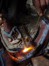 Fire sparkle generates due to welding work Royalty Free Stock Photo