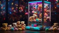 Arcade claw machine filled with a wide variety of plush toys