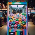 Arcade claw machine filled with a wide variety of plush toys