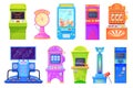 Arcade game machines. Old games machine for gambling players or kids amusement gaming in attraction park, cartoon Royalty Free Stock Photo
