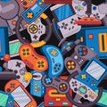 Arcade game pattern. Seamless print of vintage video console cartoon style, retro videogame controller joystick device