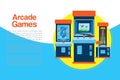 Arcade games machine vector illustration. Arcade gambling games in casino where gamesome gambler or gamer bet in gaming