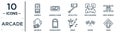 arcade linear icon set. includes thin line gameboy, selfie stick, video console, pacman ghost, racing, chess, walkman icons for