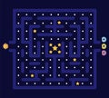 Arcade maze. Pacman background, pac man retro video computer game. Labyrinth defender and monsters. Kids app play in 80s