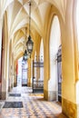 Arcade of the renaissance Cloth Hall Sukiennice on the main square of Krakow, Poland