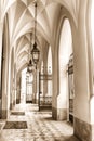 Arcade of the renaissance Cloth Hall Sukiennice on the main square of Krakow, Poland