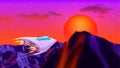 Arcade space ship flying to the sun over the landscape with 3D mountains, 80s style synthwave or retrowave illustration.