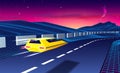 Arcade space taxi flying over the road in blue corridor or canyon landscape with 3D mountains, 80s style synthwave or