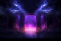 Arcane energy surges around a mystical portal at the end of a dark corridor in neon colors