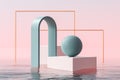 Arch and ball on podium in water on light pink background