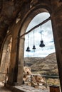 Arch bells view from Church and chapel in Vardzia cave city-monastery in the Erusheti Mountain, Georgia