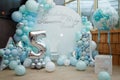 Arch of blue balloons for boy happy birthday party. Number 5 and 1 for two brothers. Festive decorative elements, photo zone Royalty Free Stock Photo