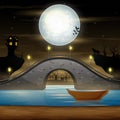 Arch bridge and dark castle on moonlight background