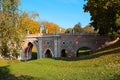 Arch bridge stands in Tsaritsyno park, beautiful architecture XVIII century Royalty Free Stock Photo