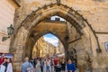 The arch between Charles Bridge and the old town in Prague, Czech Republic