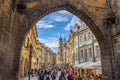 The arch between Charles Bridge and the old town in Prague, Czech Republic