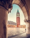 Arch columns on Piazza San Marco with basilica in Venice, Italy Royalty Free Stock Photo