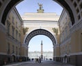 Arch of the Generall Staff building with view of Palace square in Saint Petersburg. Sunny winter view.