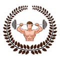 arch of leaves with muscle man lifting a disc weights Royalty Free Stock Photo