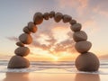 Arch made with pebbles on the beach at sunset Royalty Free Stock Photo