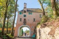 Arch of main entrance into picturesque village of Portmeirion in Wales, UK. Royalty Free Stock Photo