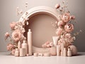 Arch mockup, stage or product display with flowers. Off white and creame colors, generative AI.