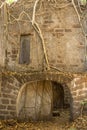 Arch in the old gray wall of the ruined house of an abandoned fortress overgrown with banyan trees Royalty Free Stock Photo