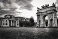 Arch of Peace (Arco della Pace) in Milan, Italy. Photo in black