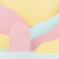 Arch pink podium mockup with abstract mountain landscape - pastel pink, yellow, mint color slopes in baby cartoon naive style.