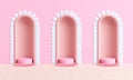 arch platform mannequin art deco or podium pink pastel stand product clothes shop front shopping display cute sweet fashion.