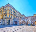 The Arch of Porta Nouva gates, the medieval remains of city`s walls, located in historical part of the city Milan, Italy