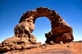 Arch Rock formation aka Arch of Africa or Arch of Algeria with moon at Tamezguida in Tassili nAjjer national park in Royalty Free Stock Photo