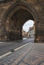 Arch in tower in historical center of Prague, Czech Republic