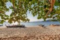 Arch tree on the beach with wooden boat on coastline Royalty Free Stock Photo