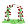 Arch trellis with bush red roses. Garden decoration. Hand drawn illustration in cartoon style. Vector isolated on white background Royalty Free Stock Photo