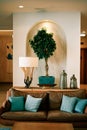 Arch in the wall with a green tree in a tub near a leather sofa Royalty Free Stock Photo