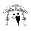 Arch for wedding vintage in flowers. The Jewish Hupa. Wedding hoop. Bride and groom. Doodle. Hand draw. Vector illustration