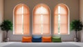 Arch Windows with Peachy Vertical Blinds and Cozy Cushions Royalty Free Stock Photo