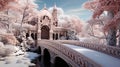 The arch of the winter bridge, covered with hoarfrost and snow, creating an atmosphere of a fabulo Royalty Free Stock Photo