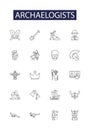 Archaelogists line vector icons and signs. Fossil, Dig, Discovery, Research, Unearth, Ancient, Relic, Excavation outline