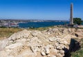 Archaeological dig at the ruins of the ancient Greek city of Panticapaeum overlooking the Obelisk of Glory to the Immortal Heroes