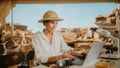 Archaeological Digging Site: Famous Female Archaeologist Doing Research, Using Laptop, Analysing