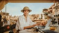 Archaeological Digging Site: Famous Female Archaeologist Smiling on Camera and Using Laptop