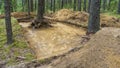 Archaeological excavation in a forest. A large plundering pit dug by archaeologist at an archaeological site.