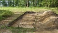 Archaeological excavation in a forest. A large plundering pit dug by archaeologist at an archaeological site.